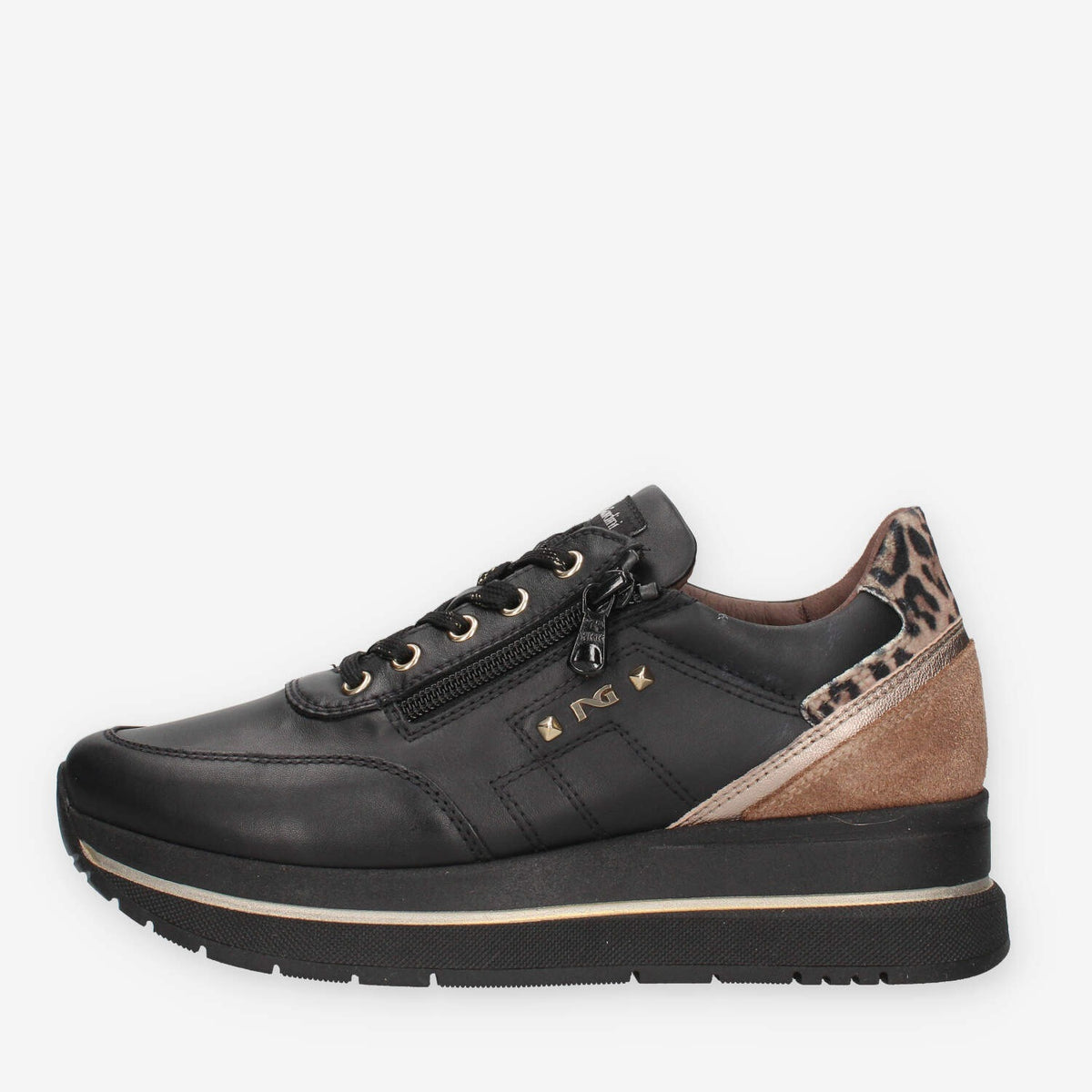 Sneakers Donna Nero Giardini I617360D-100 in Pelle Nera con Dettagli Animalier