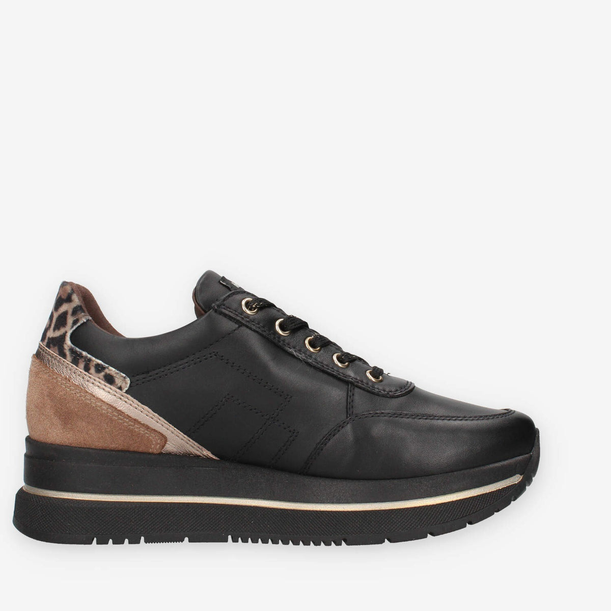 Sneakers Donna Nero Giardini I617360D-100 in Pelle Nera con Dettagli Animalier