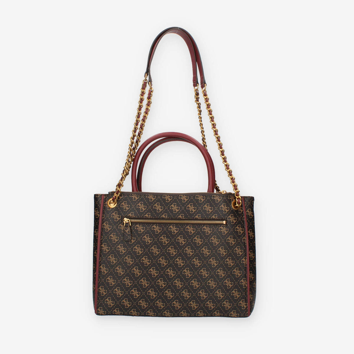 Guess Izzy Borsa a spalla a tre scomparti bordeaux e marrone logata