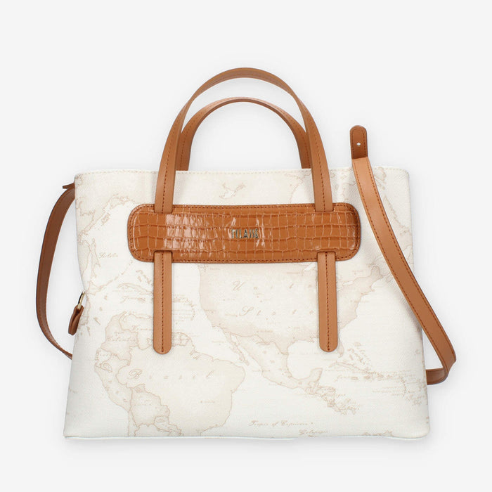 Alviero Martini Prima Classe Borsa a mano a 3 scomparti in tessuto Geo White e cuoio