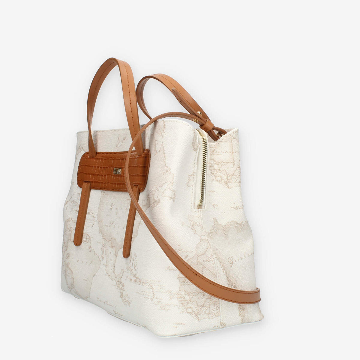 Alviero Martini Prima Classe Borsa a mano a 3 scomparti in tessuto Geo White e cuoio
