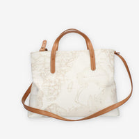 Alviero Martini Prima Classe Borsa a mano a 3 scomparti in tessuto Geo White e cuoio