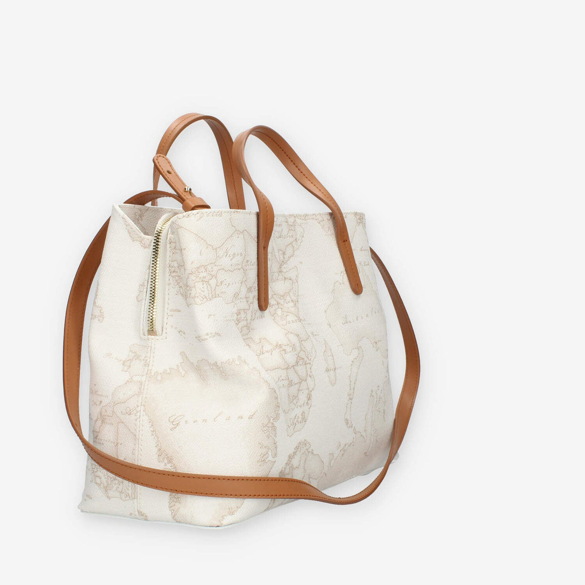 Alviero Martini Prima Classe Borsa a mano a 3 scomparti in tessuto Geo White e cuoio