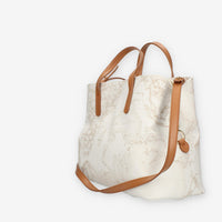 Alviero Martini Prima Classe Borsa a mano a 3 scomparti in tessuto Geo White e cuoio