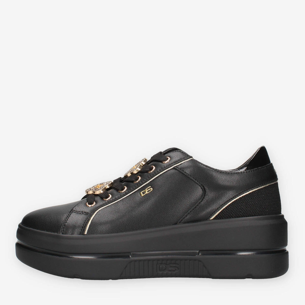 Sneakers Eleganti Donna Serena in Pelle sintetica Nera con Dettagli Dorati