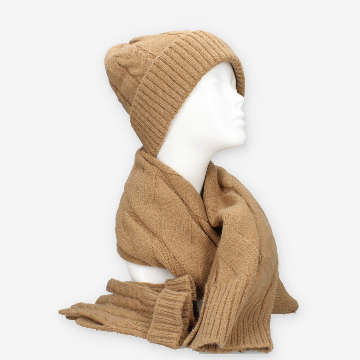 Set Invernale Vivienne in maglia Camel - Berretto, Sciarpa e Guanti