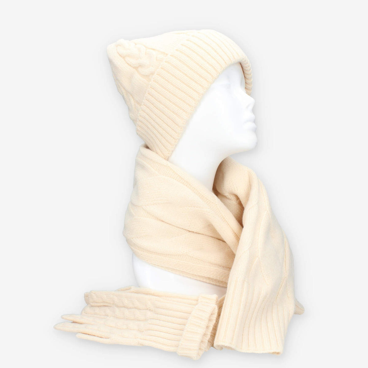Set Invernale Vivienne in maglia Beige - Berretto, Sciarpa e Guanti