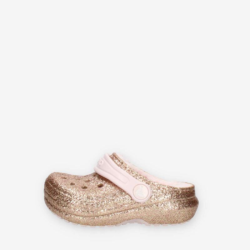 Crocs Classic Lined Glitter Clog Toddler Sandali glitterati oro con ecopelliccia