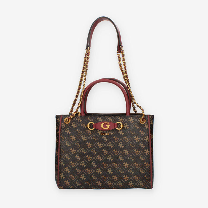 Guess Izzy Borsa a spalla a tre scomparti bordeaux e marrone logata