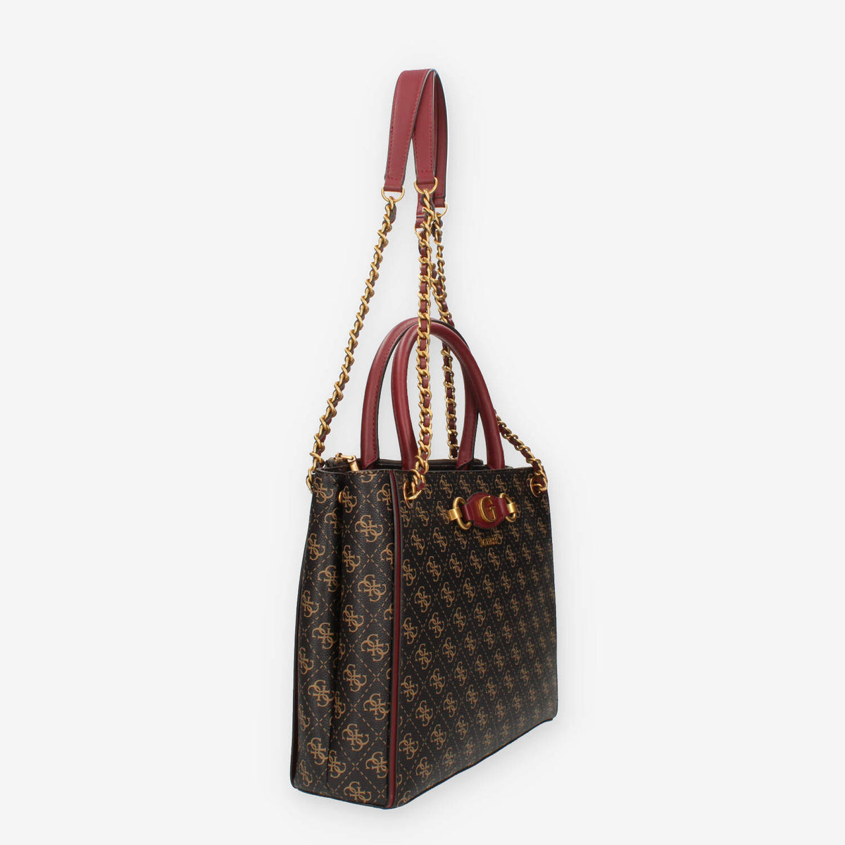 Guess Izzy Borsa a spalla a tre scomparti bordeaux e marrone logata