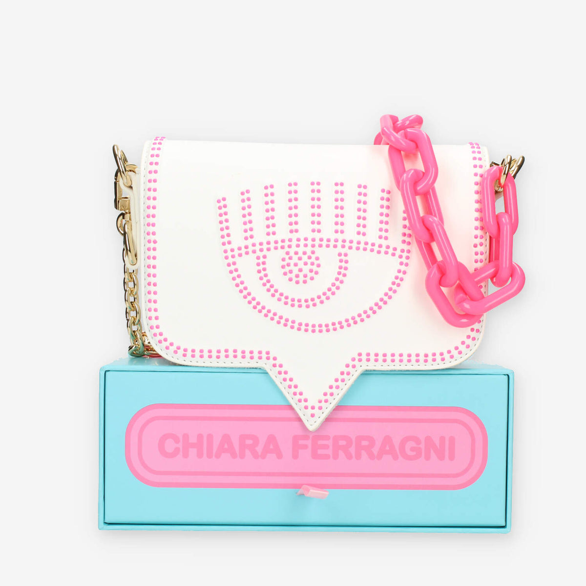 Chiara Ferragni Eyelike Borsa piccola a tracolla bianca con borchiette
