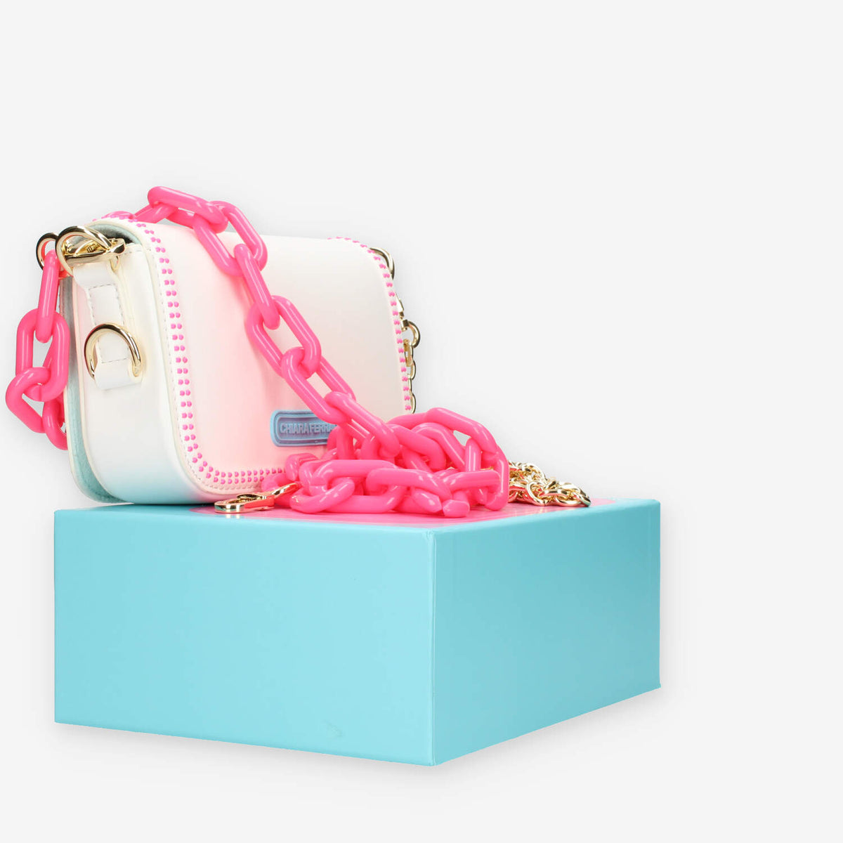 Chiara Ferragni Eyelike Borsa piccola a tracolla bianca con borchiette