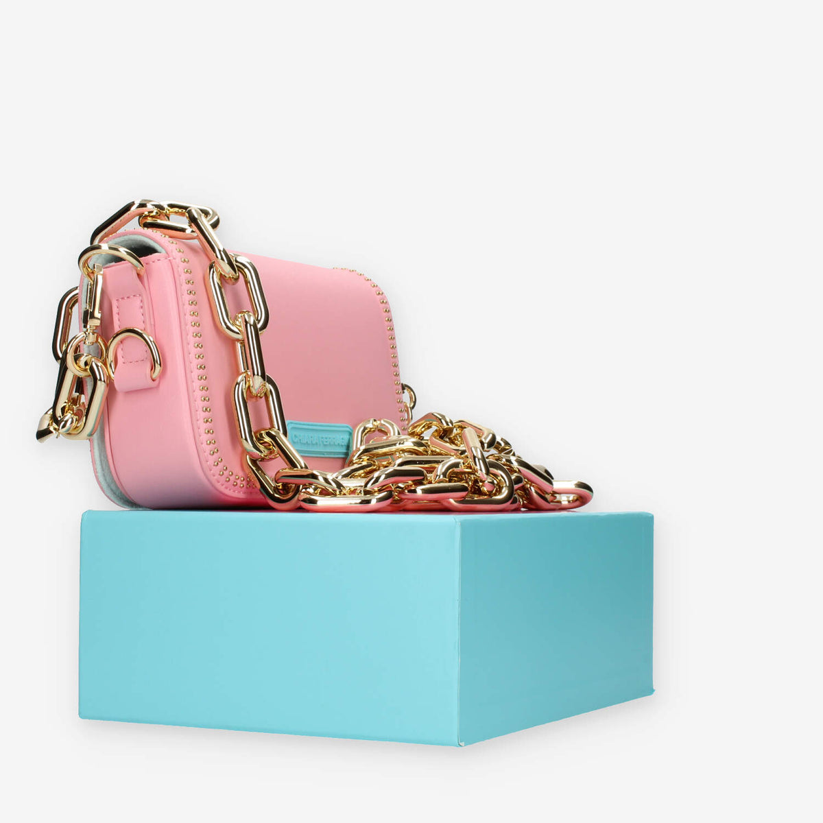 Chiara Ferragni Eyelike Borsa piccola a tracolla rosa con borchiette