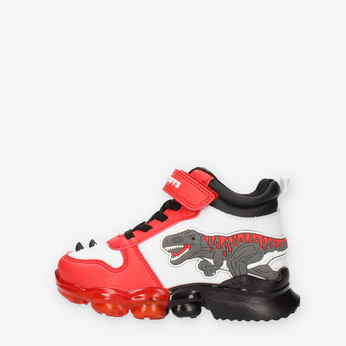 Bull Boys T-Rex Sneakers alte bianche rosse e nere da bimbo con luci