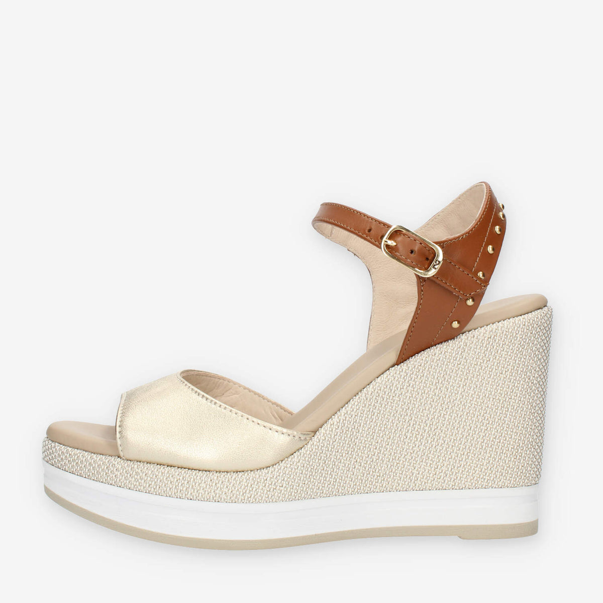 Nero Giardini Sandali oro e cuoio da donna con zeppa glitterata