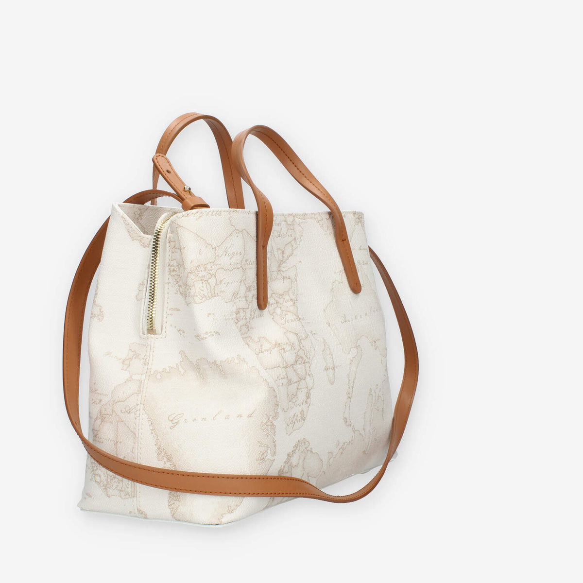 Alviero Martini Prima Classe Borsa a mano a 3 scomparti in tessuto Geo White e cuoio