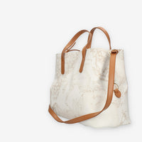Alviero Martini Prima Classe Borsa a mano a 3 scomparti in tessuto Geo White e cuoio