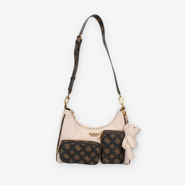 Guess Utility Borsetta a spalla rosa e logato marrone con pendente