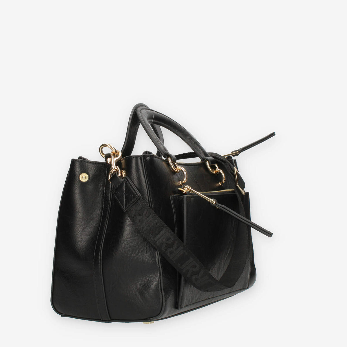 John Richmond Borsa a mano a 3 scomparti nera e oro con charm
