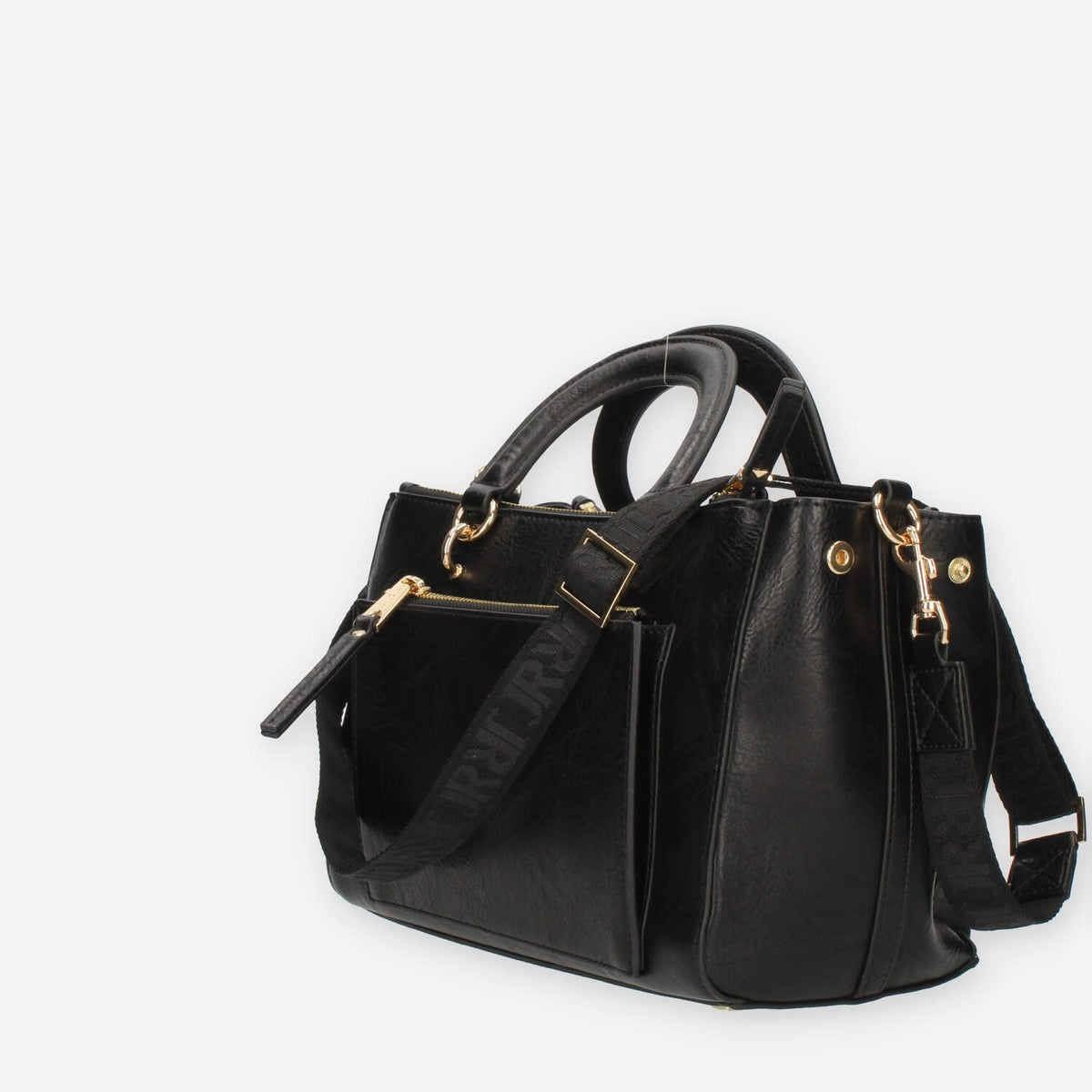 John Richmond Borsa a mano a 3 scomparti nera e oro con charm