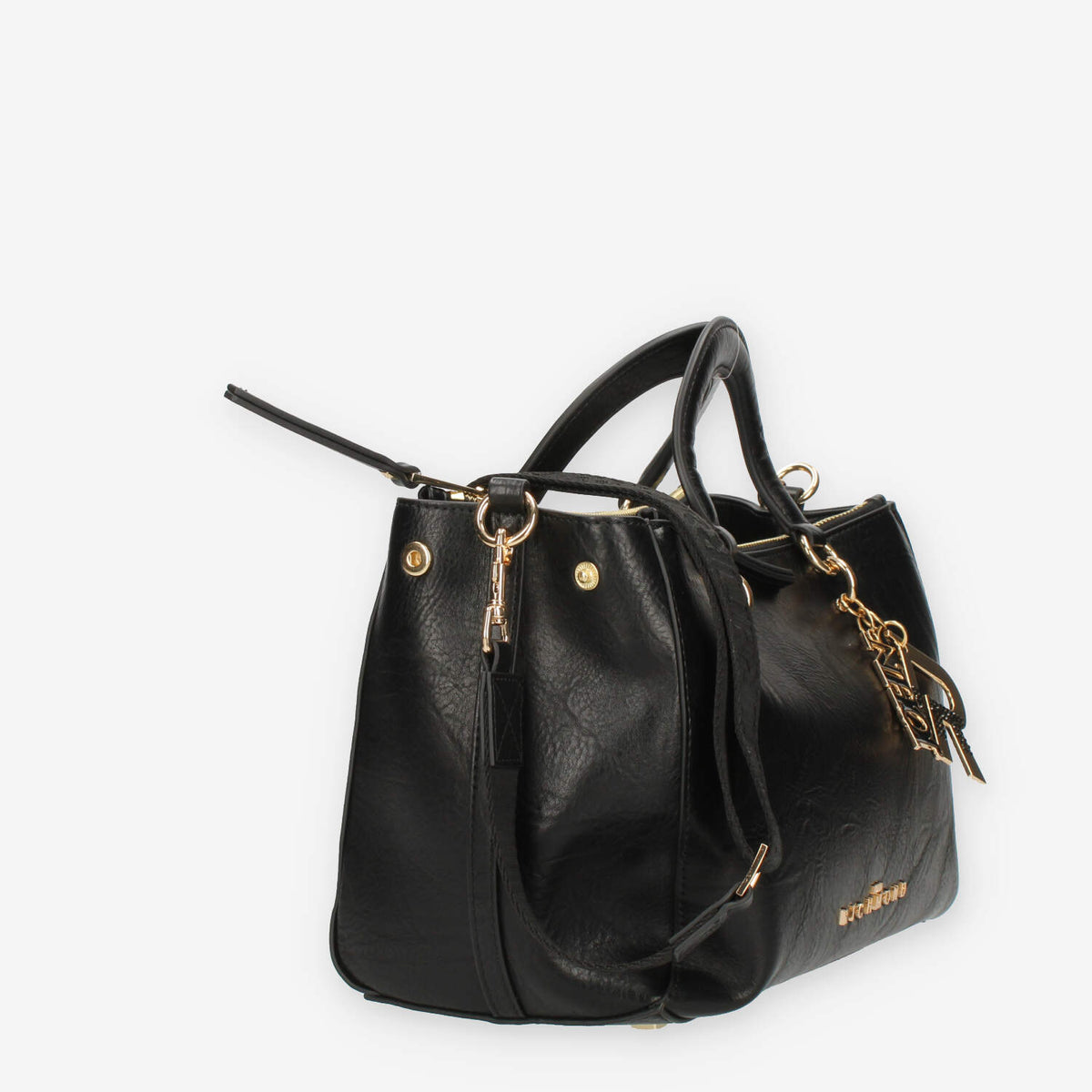 John Richmond Borsa a mano a 3 scomparti nera e oro con charm