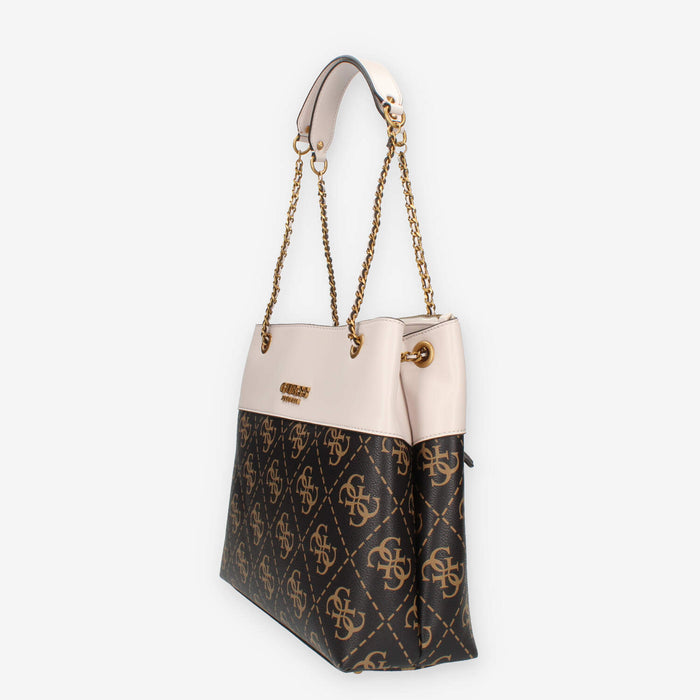 Guess Berta Borsa a spalla a 3 scomparti marrone logata e rosa