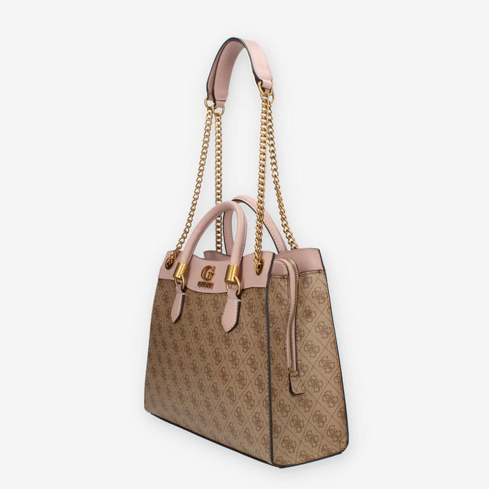 Guess Nell Logo Borsa a spalla a 3 scomparti marrone logata e rosa