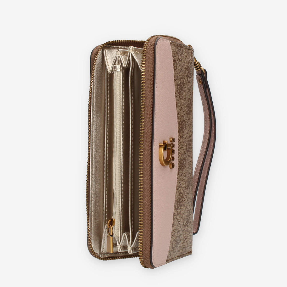 Guess Nell Logo Portafogli beige e rosa logato con zip e polsiera