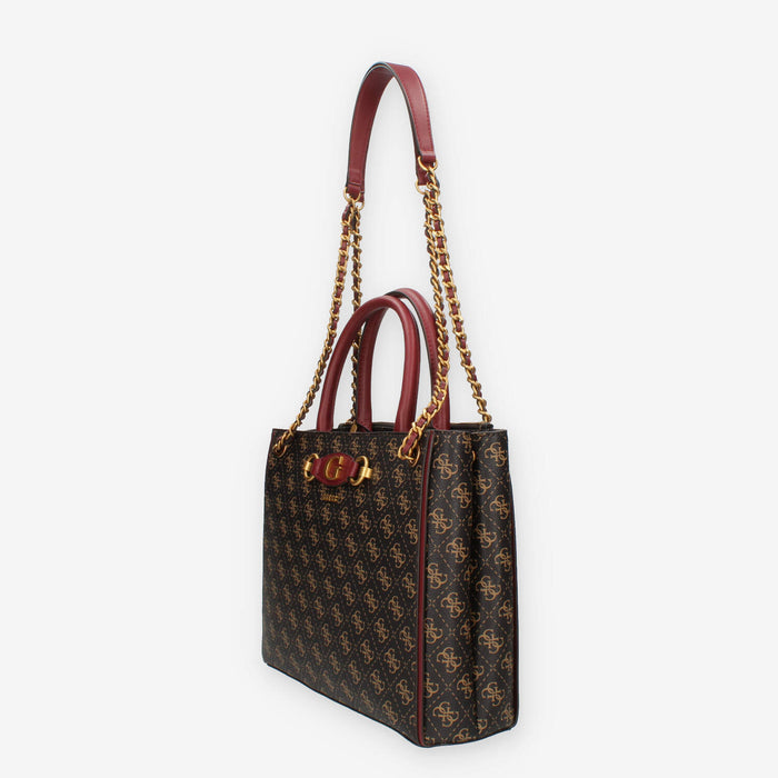 Guess Izzy Borsa a spalla a tre scomparti bordeaux e marrone logata