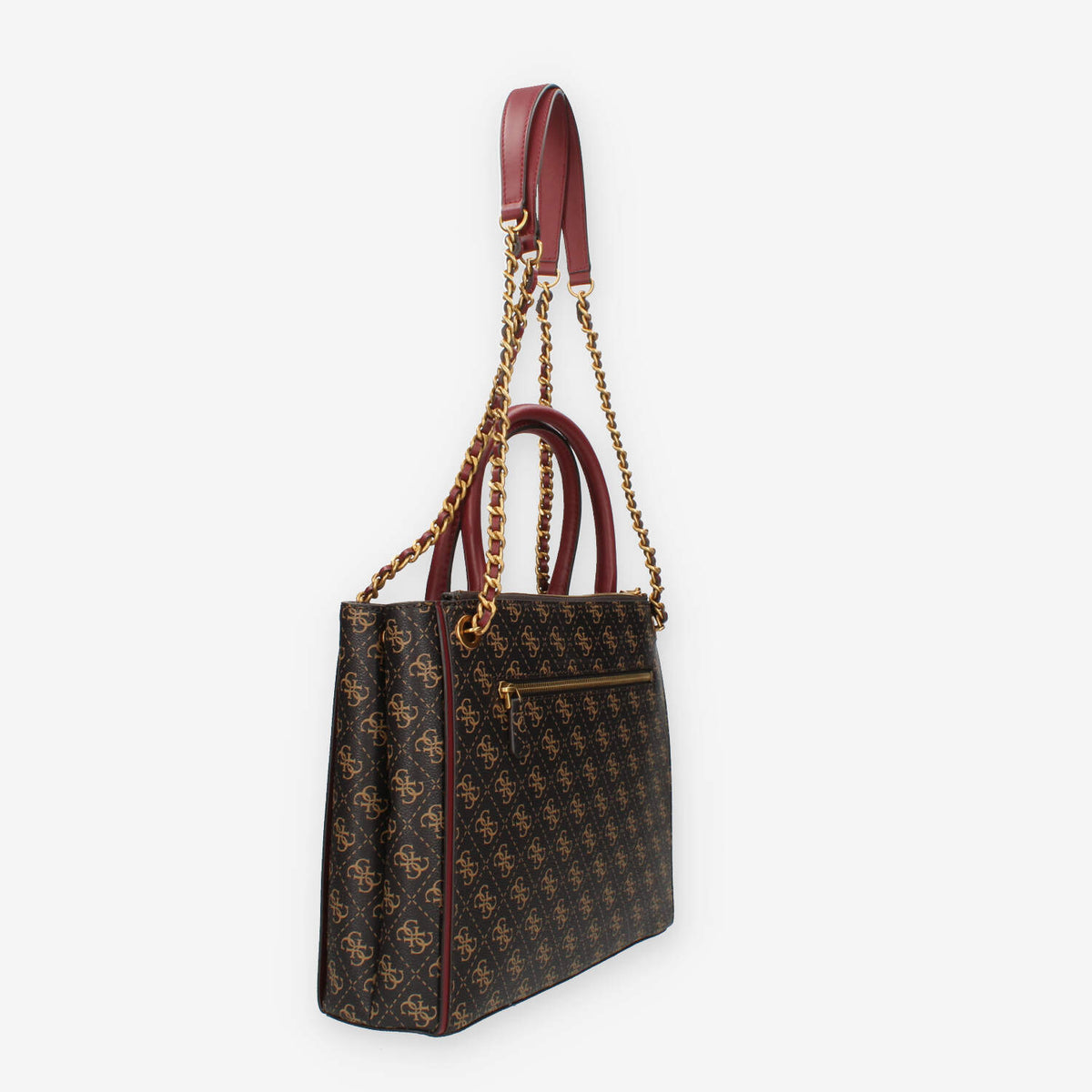 Guess Izzy Borsa a spalla a tre scomparti bordeaux e marrone logata