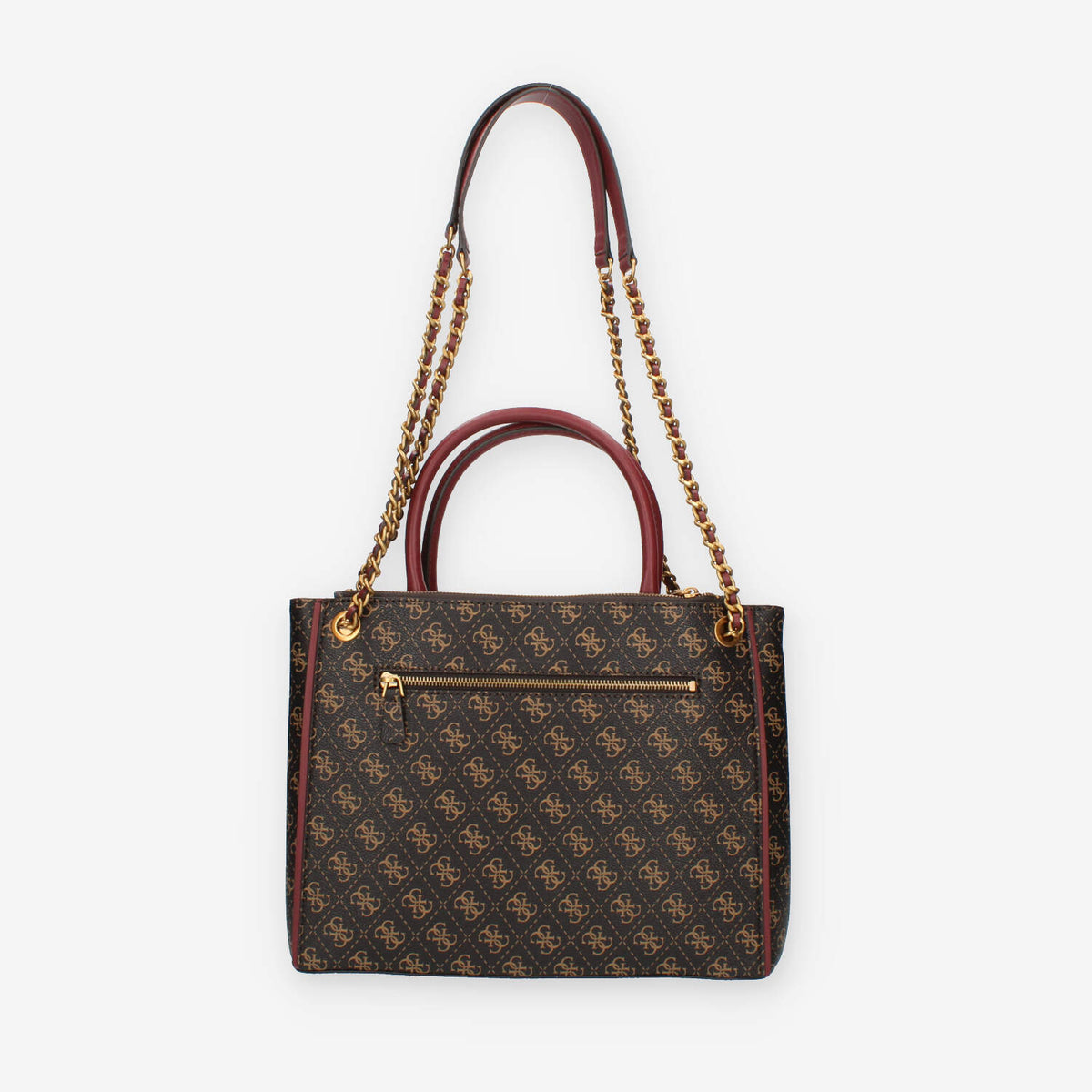 Guess Izzy Borsa a spalla a tre scomparti bordeaux e marrone logata